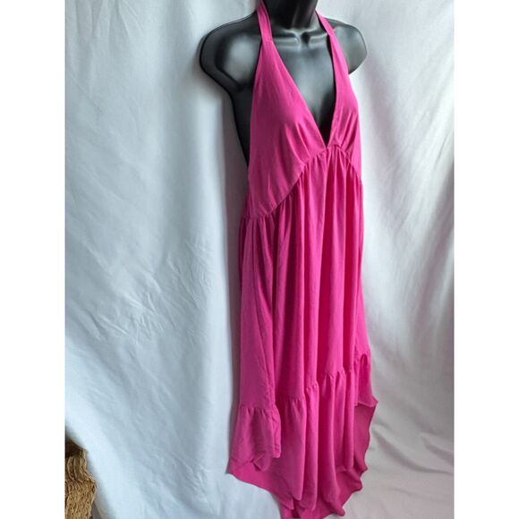 Maxi Magenta Hot Pink Halter Neck Dress Size M Barbiecore Feminine Open Back - Picture 3 of 10